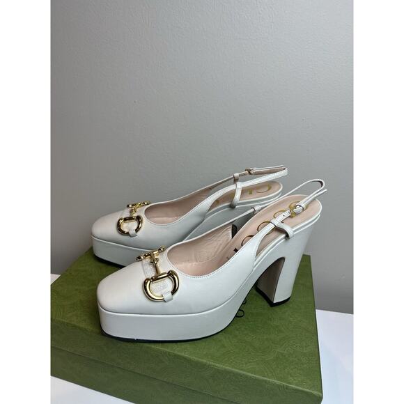 GUCCI SHOES PLATFORM White LEATHER SLINGBACK PUMPS w HORSEBIT $1,100 sz 39 9 - Picture 9 of 10